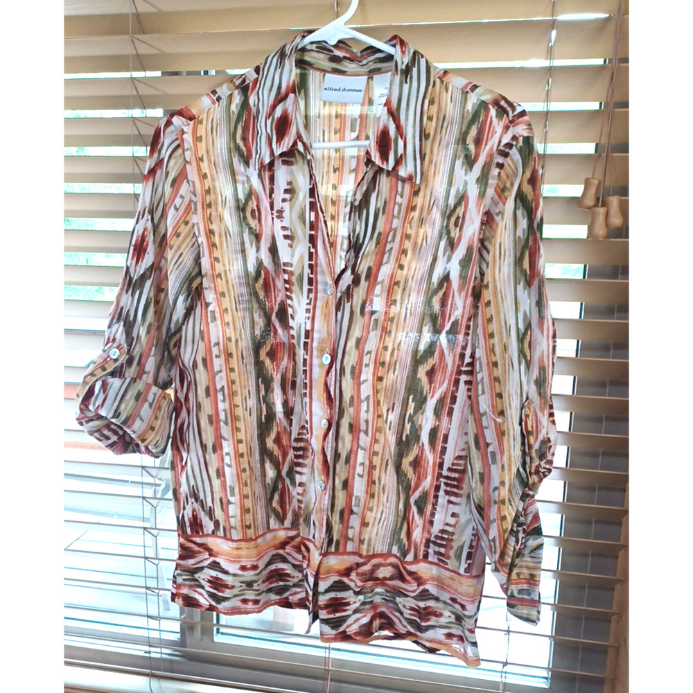 Alfred Dunner Womens Aztec Southwest Lightweight Blouse Sz 12 Roll Sleeve Cotton - Picture 2 of 12